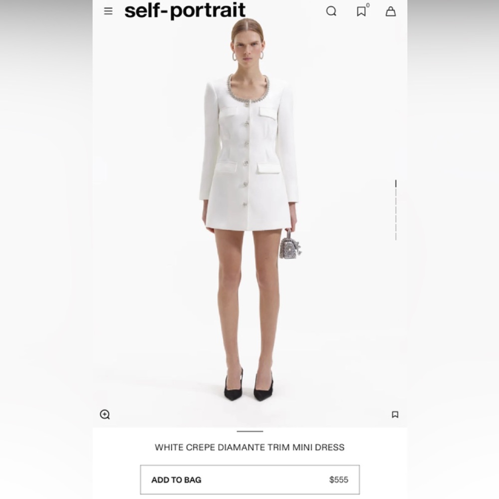 Self Portrait WHITE CREPE DIAMANTE TRIM MINI DRESS